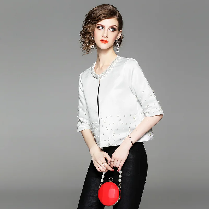 DUOUPA White Office Lady Solid Pearl Embellished Round Neck Jacket Autumn Workwear Casual Women Coat And Outerwear DUOUPA White Office Lady Solid Pearl Embellished Round Neck Jacket Autumn Workwear Casual Women Coat And Outerwear