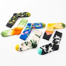 37-45 креативные носки женские хлопковые носки с принтом цветов и птиц антифрикционные сохраняющие стройность носки средней длины для девочек Harajuku