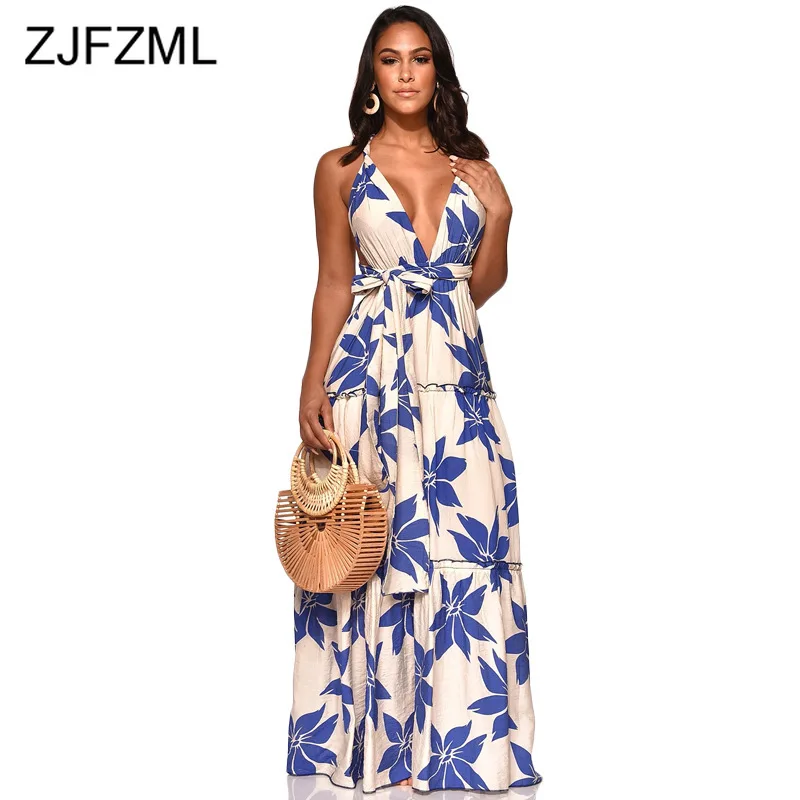 

Blue White Floral Print Maxi Dresses Women Spaghetti Strap Open Back Bohemian Long Dress Summer V Neck Sleeveless Holiday Dress