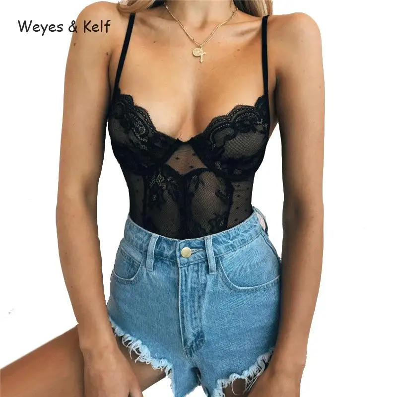 Weyes & Kelf Vintage Solid Hollow Out Lace Women Sexy Bodysuit 2018 Summer Backless Dot black Bodysuit Women Body Femme