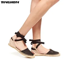 TINGHON модные женские туфли без каблуков, с застежкой на лодыжке из конопляной ткани Эспадрильи; ботинки в рыбацком стиле; женские лоферы на шнуровке; Летние Туфли-балетки; Цвета