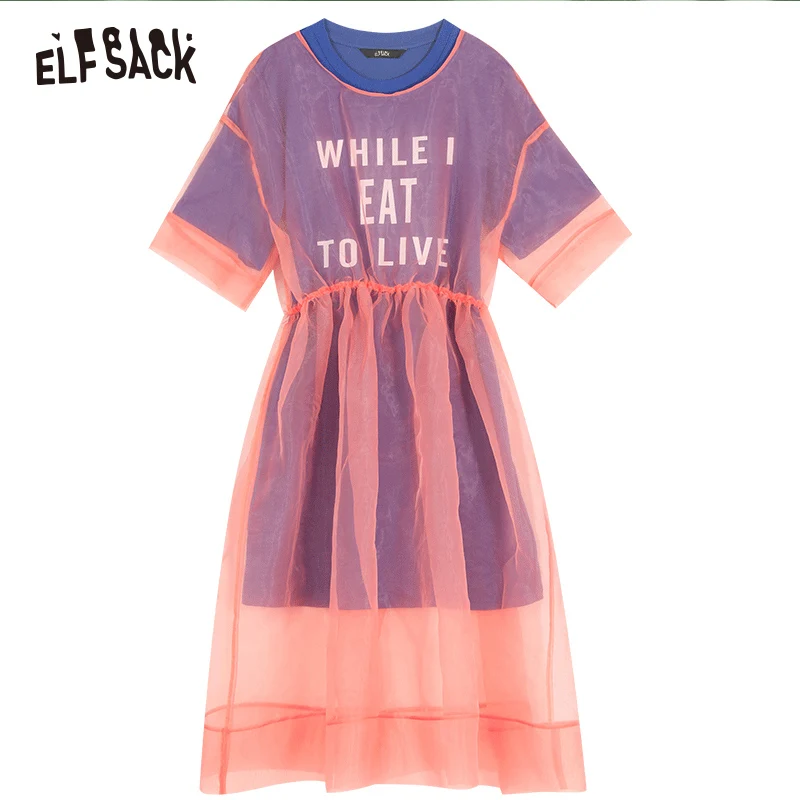 ELFSACK Сетчатое лоскутное женское платье-футболка с буквенным принтом модная уличная одежда женское платье летнее ТРАПЕЦИЕВИДНОЕ женское пляжное платье