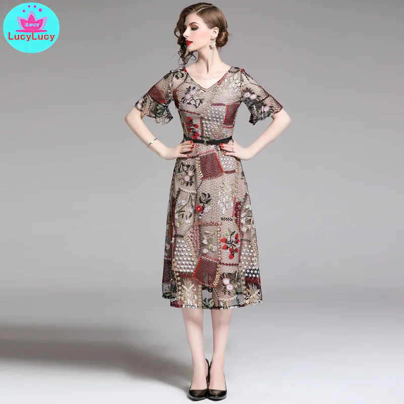 

2019 summer section waist horn sleeves long European station heavy work lace embroidery V-neck mesh dress