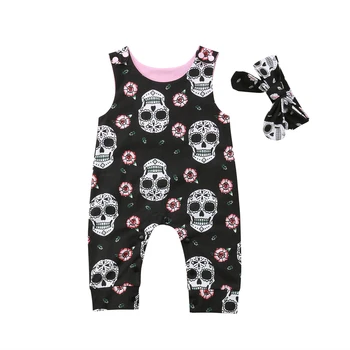 Citgeett Halloween Newborn Skull Floral Baby Boys Girls Romper Sleeveless Jumpsuit Headband Outfits Summer Holiday Clothes 1