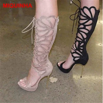 

MIQUINHA Peep Toe Cross Tied Women Summer Boots Hallow Out Crystal Embellished Women Shoes Sexy High Thin Heel Mujer Sandalia