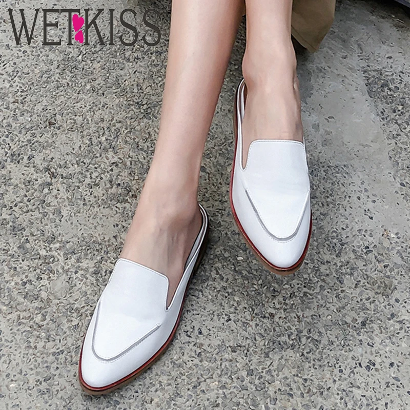 

WETKISS Wood Low Heels Slippers Woman 2019 New Women Slides Shoes Female Round Toe Cow Leather Mules Shoes Fashion Casual Shoes