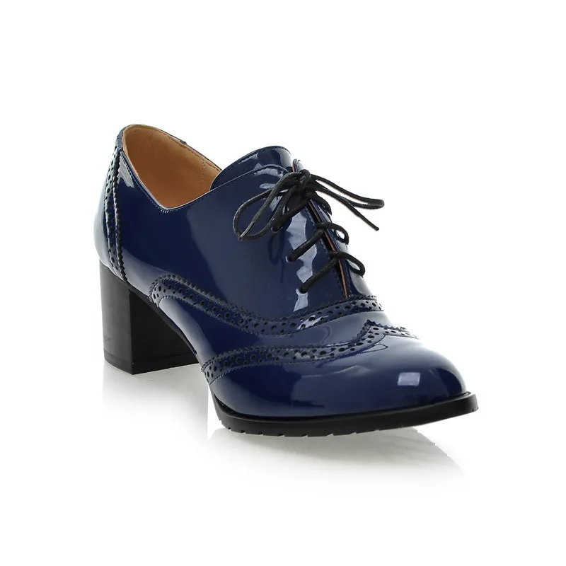 Женские туфли-оксфорды на высоком каблуке, осенние женские туфли-лодочки на толстом каблуке, броги, оксфорды, женская повседневная обувь, британский стиль, шнуровка - Цвет: Blue