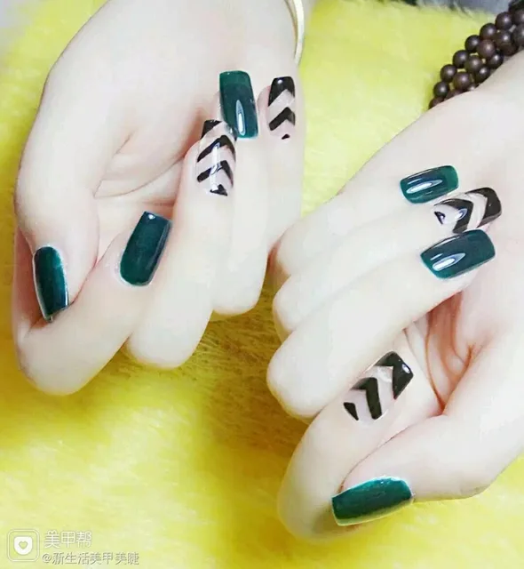 Estilo Verde Longo Unhas Postiças 24 Pcs Praça Ling Preto E Estilo Verde Longo Unhas Postiças 24 Pcs Praça Ling Preto E Transpae Nail Art Tips