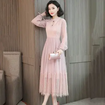 

2019 Women New Spring Bow Tie Sleeve Lace Dress Female Elegant High Waist Slim Mesh Dresses Lady A Line Solid Casual Vestido Z83