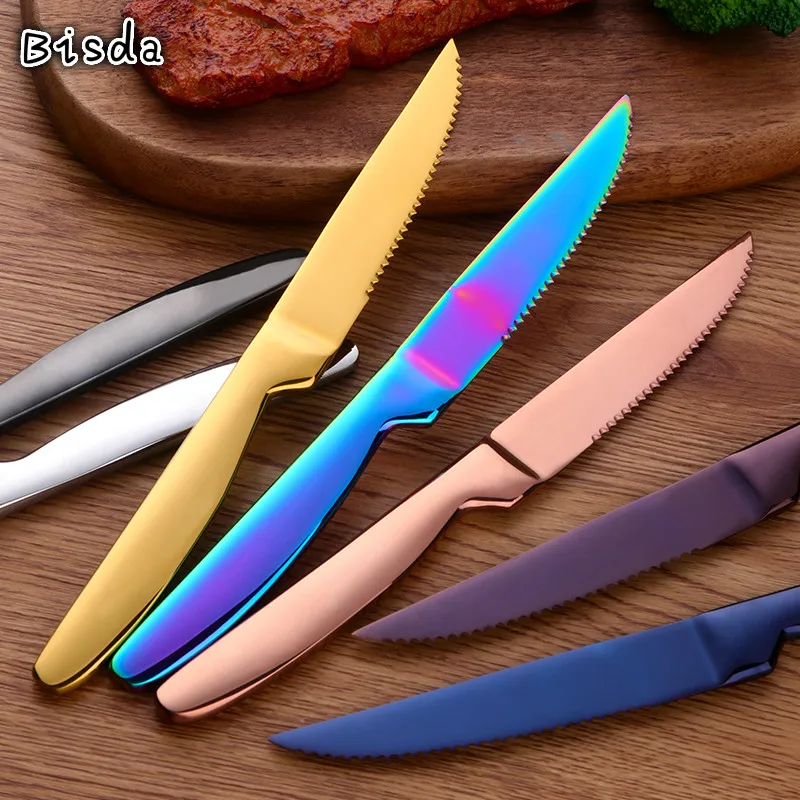 

4 Pcs Table Steak Knife 18/10 Stainless Steel Gold Sharp Meat Fish Knife Cutlery Dinnerware Colorful Mirror Polished OEM Logo