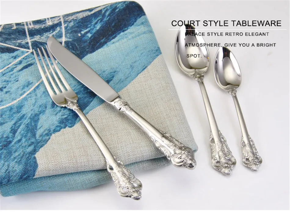Dinnerware Set Stainless Steel Cutlery Set Silver Embossed Hollow Knife Fork Tableware Cutleries European Western Food Set 4 Pcs (1)