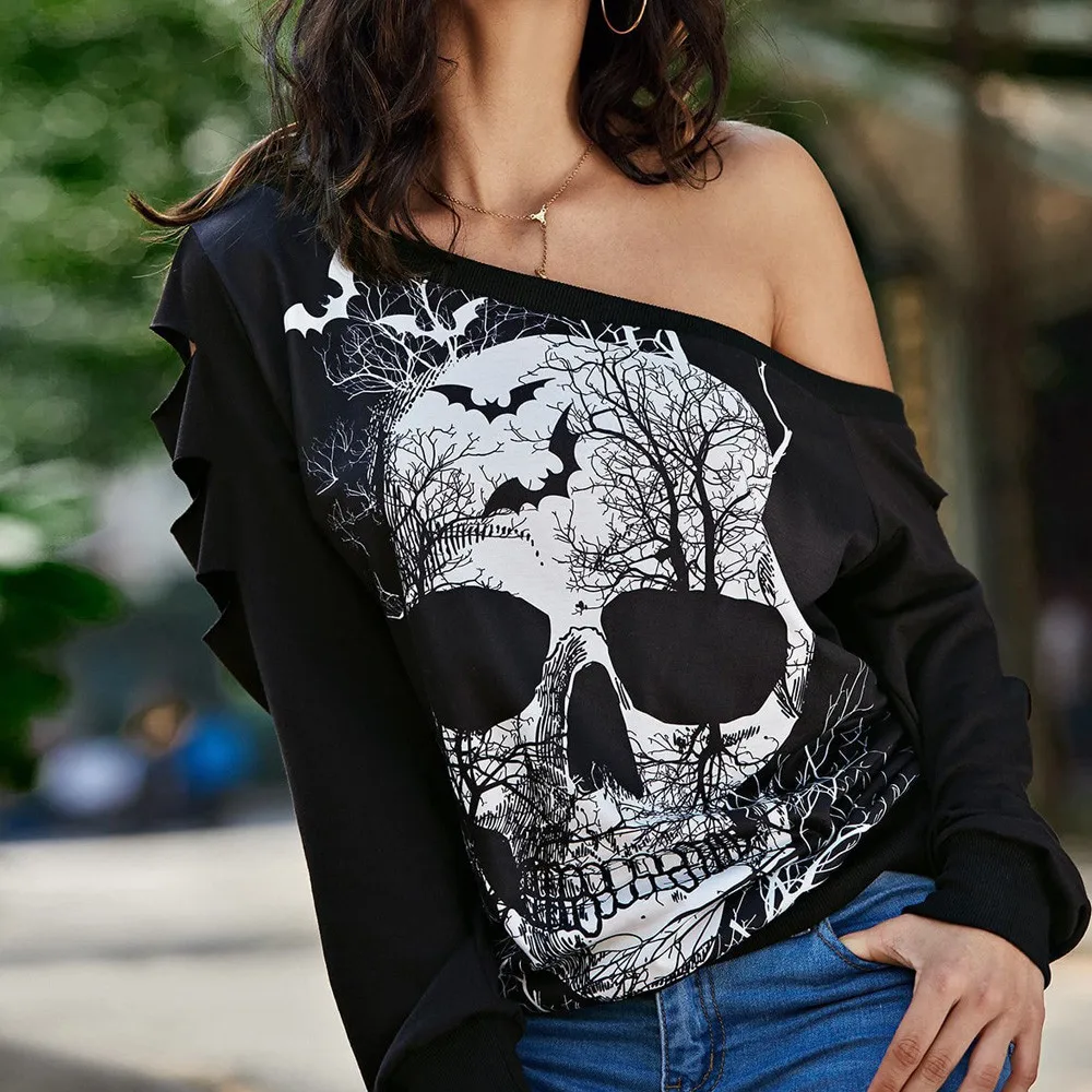 Женская винтажная рубашка с воротником, модный фонарь, блузка с рукавом, женская блузка с принтом черепа и летучей мыши, открытая туника, рубашка camisa feminina
