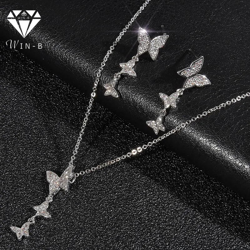 

WIN-B Women Bridal Jewelry Set Butterfly Shape Crystal Grade Cubic Zirconia Pendants Earrings Necklaces Earbob White Gold Chain