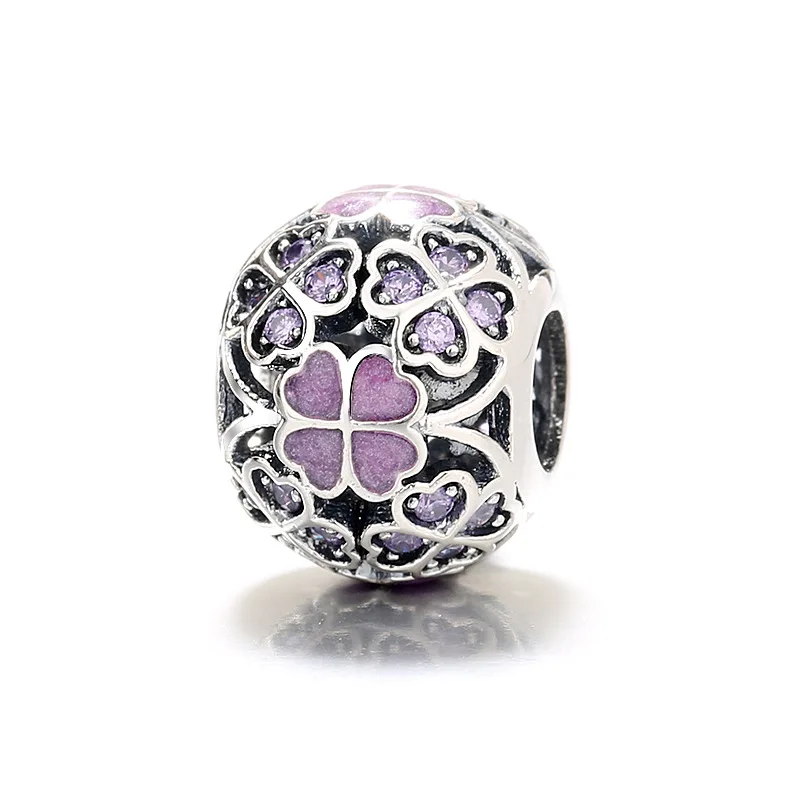 

Mother's Day 925 Sterling Silver Four-leaf Clover with Purple Crystal Charms Beads Fit Pandora Bracelet Women DIY Jewelry Making