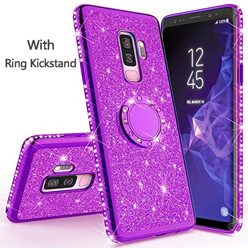 Блестящий чехол с бриллиантами для samsung Galaxy S10 S9 S8 Plus Note 9 8 S10e, Модный чехол с объемным украшением и магнитным кольцом, чехол для телефона, Fundas - Цвет: Purple-Model-1