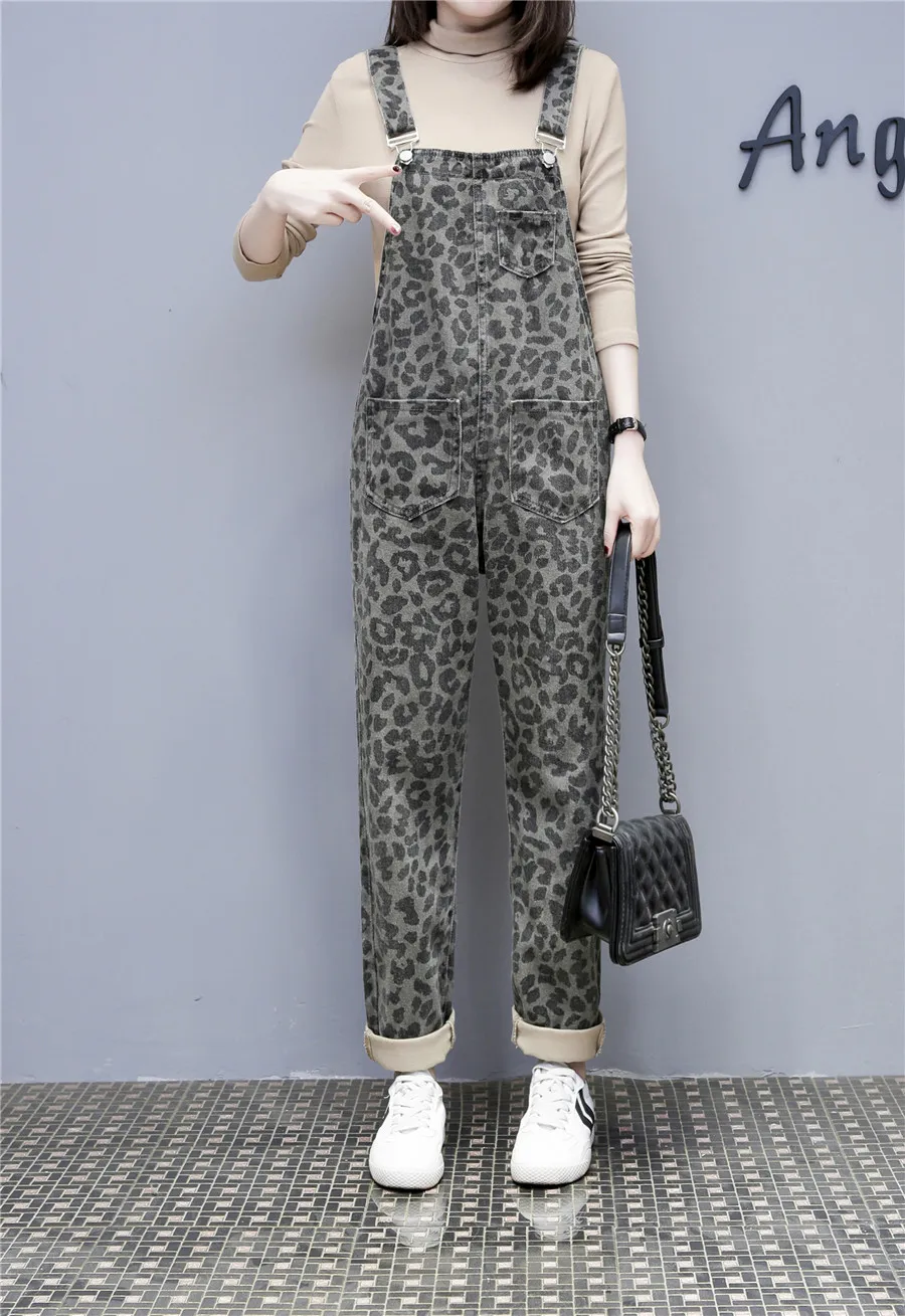 leopard print denim jumpsuit