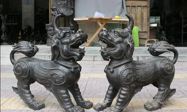 

free 23" China Folk Copper Bronze PiXiu Unicorn Lion Wing Beast Sculpture Statue Pair fast