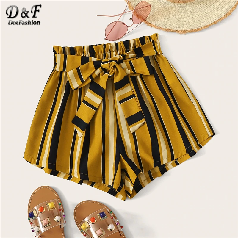 

Dotfashion Ginger Paperbag Waist Self Belted Striped Shorts Women 2019 Summer Casual Ladies High Waist Fashion Culottes Shorts