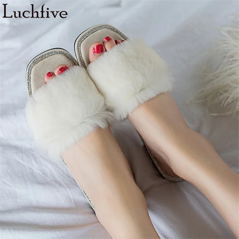 

Summer crystal sandals women white black flat heel Rabbit fur slippers 2018 newest rhinestone beach shoes women plus size