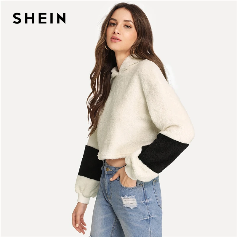 SHEIN الأبيض أنيقة Preppy المحاصيل تيدي Colorblock هوديي البلوز 2018 الخريف الحرم الجامعي عارضة النساء البلوفرات بلوزات