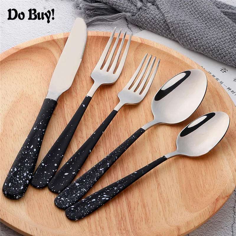 

5 Pcs/Set Knife Fork Spoon Dinnerware Set Black White Stainless Steel Cutlery Set Kitchen Tableware Cutlery Set