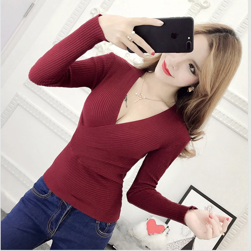 Blusas دي inverno الأنثوية 2017 الشتاء ضئيلة طويلة الأكمام محبوك سترة مثير الخامس الرقبة المرأة البلوزات موضة السترة سحب فام