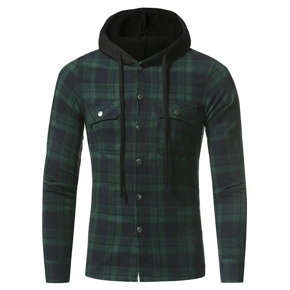 Brand New Style Plus Size Men Casual Long Sleeve Plaid Hooded Checked Pullover Shirt Tops Blouse - Цвет: Зеленый