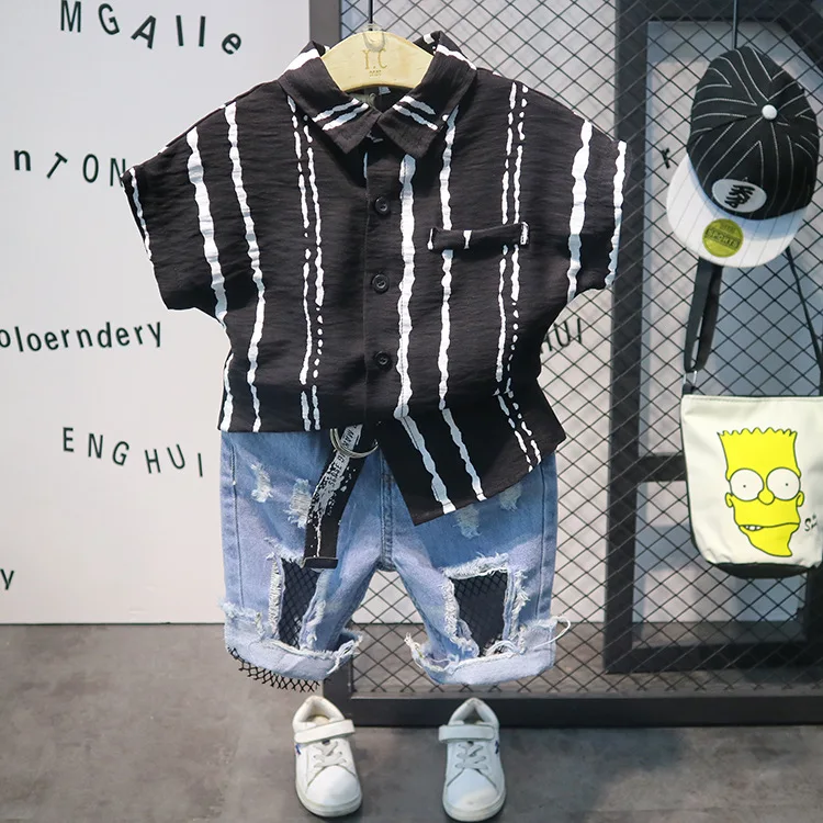 

2pcs Boys fashion clothing set baby summer striped black shirt and denim holes short sets kids casual all match clothes children