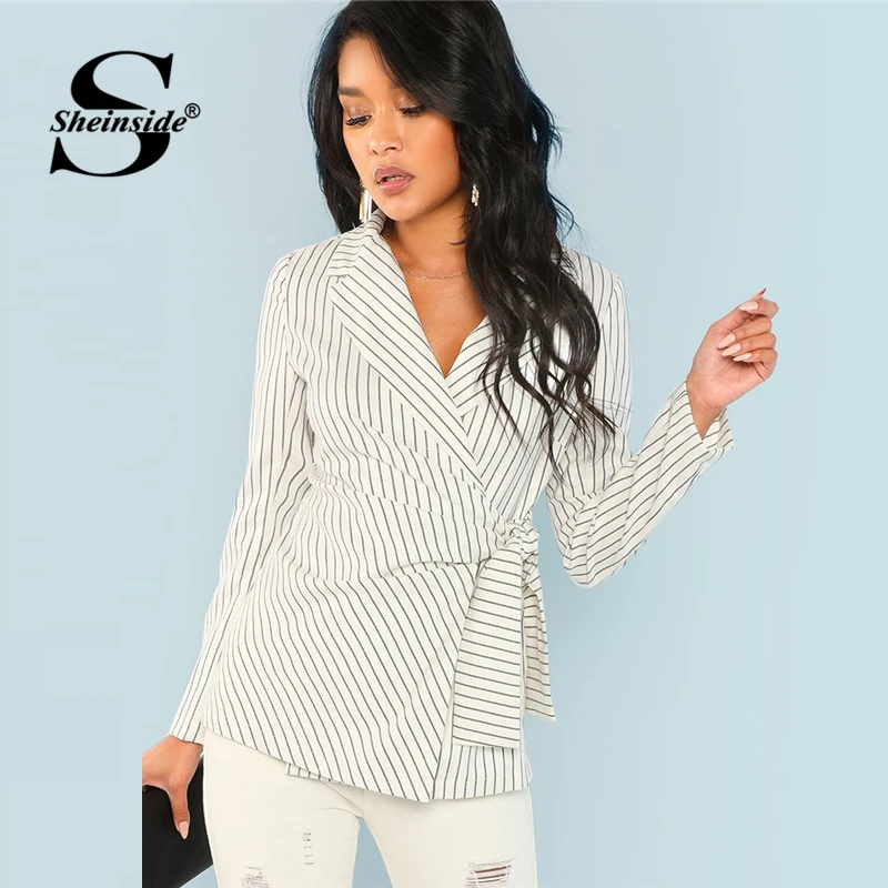 Sheinside White Waist Knot Notched Neck Striped Blazer