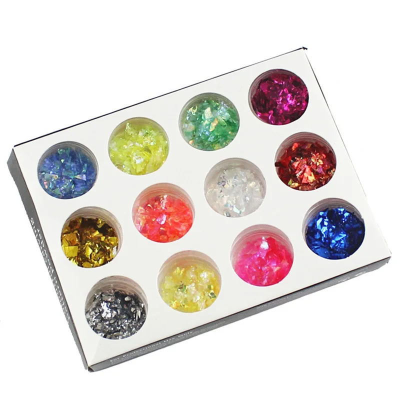 

12 Colors per lot Nail Glitter Ice Mylar Shell Foil Paper 3D Nail Art Decorations Pigment Nail Art Bottle Tip Set DIY Tools