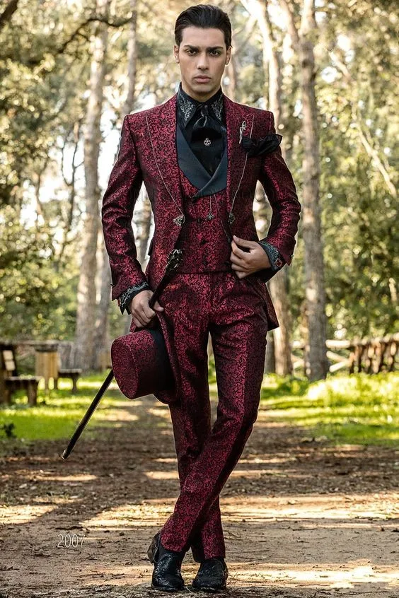 Новые жаккардовые итальянские мужские костюмы с брюками бордовые Цветочные Свадебные костюмы для мужчин Slim Fit 3 шт. костюм Homme свадебный