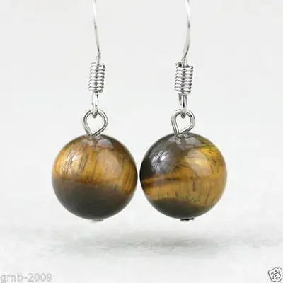 

hot sell new - Free shipping Handmade 12mm Yellow Tiger Eye Stone 925 Sterling Silver Dangle Earrings