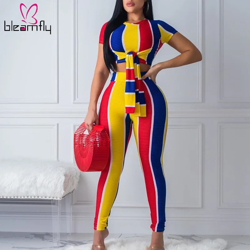 

Boho Striped Two Piece Set Summer Outfits For Women 2019 Festival Clothing Crop Top And Pant Suit Sexy 2 Piece Matching Sets