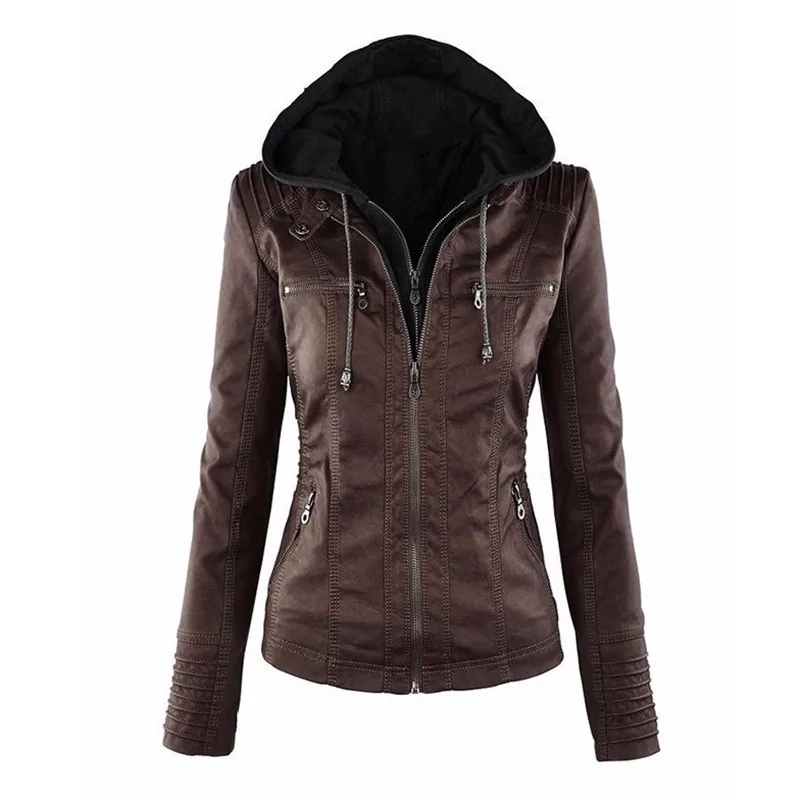 SHUJIN Женская куртка из искусственной кожи, осенняя мотоциклетная куртка размера плюс, женская кожаная куртка с капюшоном, Повседневная Уличная одежда, плащ-ветровка