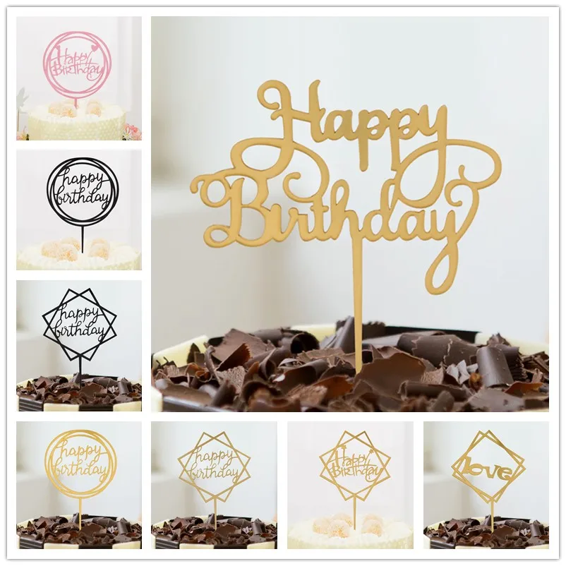 

New Acrylic Happy Birthday Love Cake Toppers Wedding Party Decor Supplies Black Gold Flag Cupcake Baby Shower Party Decorations