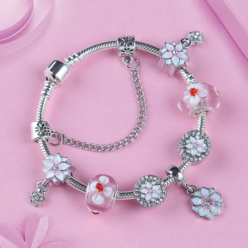 

Trendy Pink Flower DIY Charm Bracelet Silver Color Plant Bead Bracelets Jewelry Gift