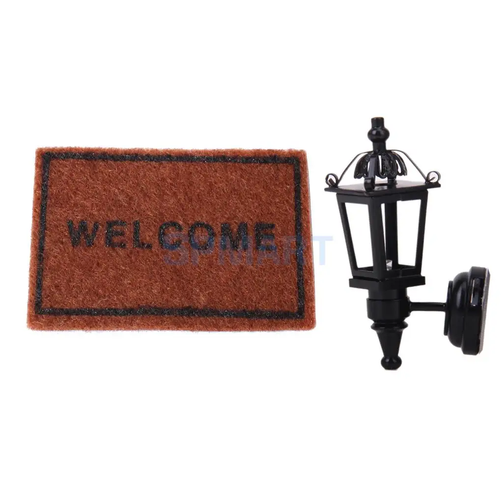 Dolls House Furniture Black LED Wall Lamp & Floor Rug Cover Carpet for 1/12 Dollhouse Miniatures