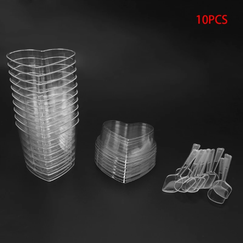 

10Pcs Disposable Hard Plastic Mousses Dessert Cup Heart Shape With Spoons Lids