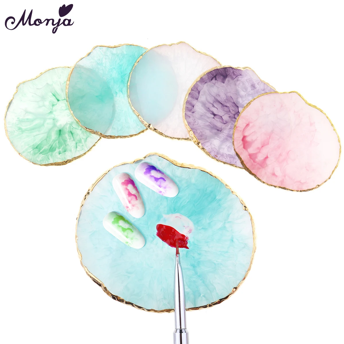 

Monja Nail Art Round Natural Resin Stone Color Palette Acrylic Gel Polish Holder Drawing Paint Dish Glue Display Manicure Tool