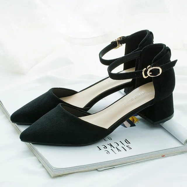 women pumps Word buckle Hollow Suede Single shoes Thick with Pointed Toe High heels women shoes black 4CM