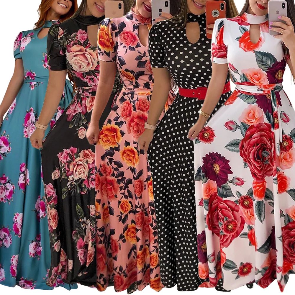 

2019 new arrival summer elegent women printing plus size long dress S-5XL