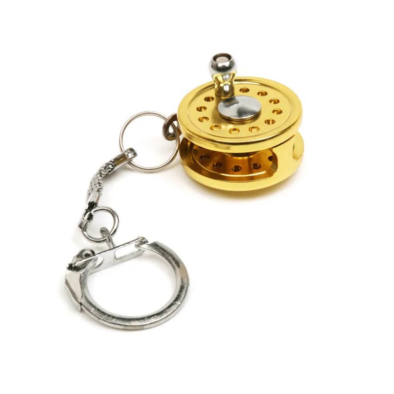 

Outdoor Small Fishing Wheel Keychain Gold Color Fly Fisherman Spinning Fishing Reel Charactor Miniature Key Chain With Key Ring
