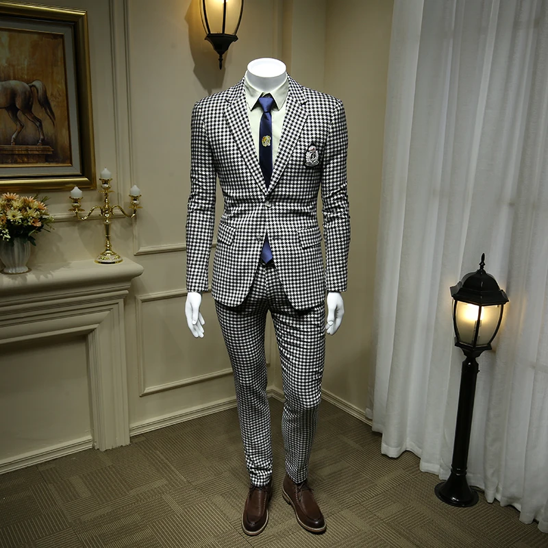 

XM GEEKI Men Wedding Suit Jackets Spring Blazers Slim Mans Two Pieces Suits Male Houndstooth White and Black Street Suit 365tz39