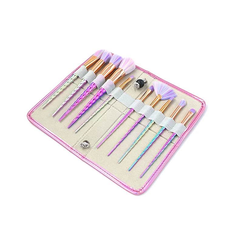 10 шт. набор кистей для макияжа с разноцветными щетинами и ручками в форме рога единорога, фантазийные инструменты для макияжа, основа для теней - Handle Color: brushes and bag 1