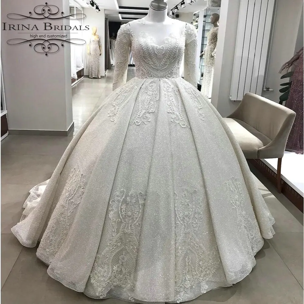 

robe de mariage Full Sleeve Lace Appliqued Shiny Ball Gown Wedding Dress