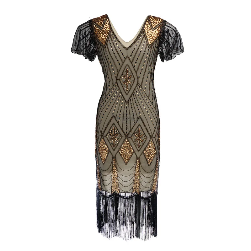 Great Gatsby Party Dress Women 1920s Dress Sexy Short Sleeve V-Neck Embroidery Fringe Sequin Beaded Tassels Hem Flapper Dress (3)