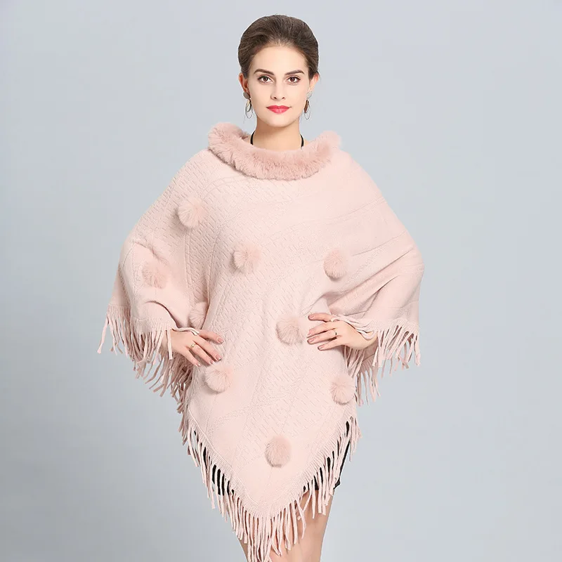 Women Cape Beading Floral Poncho 2018 Winter Faux Fox Fur Shawl Knitted Triangle Tassel Sweater Plus Size Pullover Coat Fur Neck
