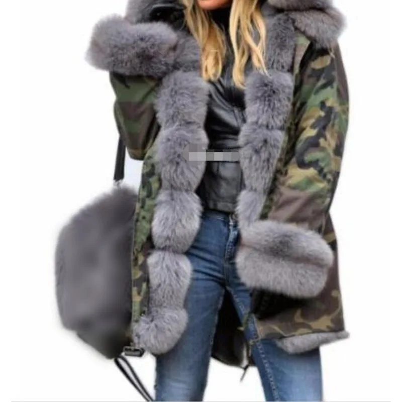 Women Faux Fur Camouflage Jacket Fur Collar Winter Parkas Thick Warm Long Coat Female Hooded Overcoat Outwear 5XL Jackets M0277