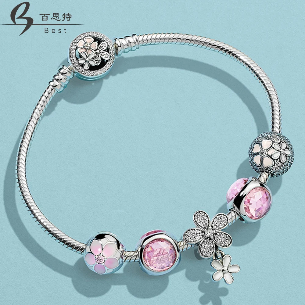 

BEST 100% 925 Sterling Silver MAGNOLIA POETIC BLOOMS FIXED CLIP Pink Radiant Droplet Dazzling Daisy Duo Bracelet Set