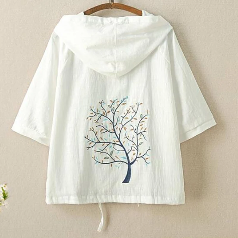 

Summer Sunscreen Air Conditioning Shirt Women Mori Girl Sweet Tree Embroidery Half Sleeve Female Kawaii Hooded Blouse Tops U206